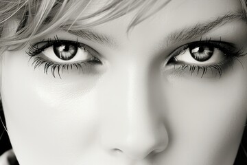 Poster - A captivating black and white photograph featuring the detailed close-up of a womans eyes.