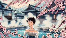 Animated Character Relaxing In A Hot Spring With Cherry Blossoms. Generative AI