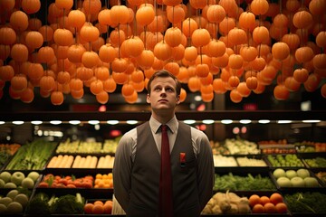 Aufkleber - A man stands in front of a vibrant display of oranges in a market, showcasing the fresh produce.