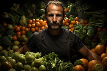 Poster - A man confidently poses in front of a large assortment of fresh fruits and vegetables.