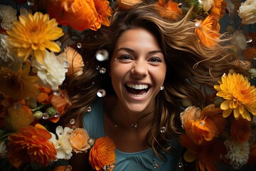 Poster - A woman with a joyful expression on her face, standing among a vibrant array of flowers.