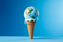Generative AI Illustration Of Creative Representation Of Melting Earth On Top Of Ice Cream Cone Against A Blue Background Illustrating Global Warming