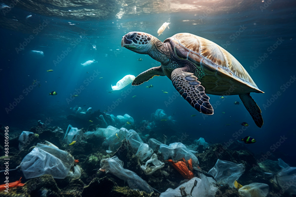 Sea turtle swims littered with plastic waste. Ocean pollution ...