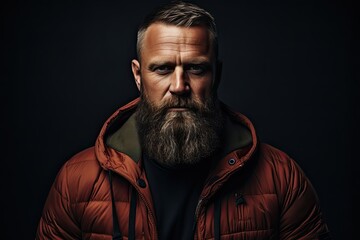 Poster - A man with a beard wearing a red jacket stands in an outdoor setting.