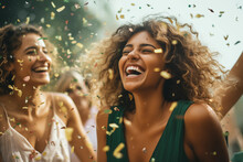 Exuberant young women laughing amidst a cascade of confetti in outdoor party. Generative AI.