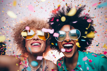 Two joyful friends in colorful attire with sunglasses laughing amidst a shower of confetti. Generative AI