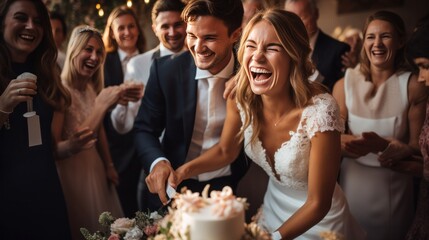 A bride and groom cutting their wedding cake surrounded by their joyful guests