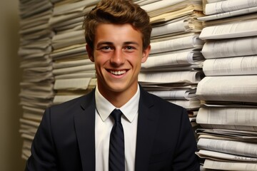 Sticker - A professional man wearing a suit and tie stands confidently in front of neatly stacked papers.