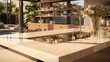 : Stylish beige kitchen interior showcasing a bar island, sink, and hand soap, accompanied by well-coordinated kitchenware, a spoon, a vase, and a 