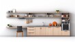 : Vector furniture mockup of a kitchen cabinet set, highlighting cabinetry, cupboards, bookshelves, and wall-mounted shelves as isolated home workspace 