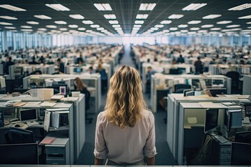 Contemplating the Corporate Labyrinth: A Woman Amidst a Sea of Cubicles