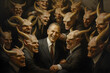 A bunch of greedy, evil politicians with devil-like eyes and horns laughing,