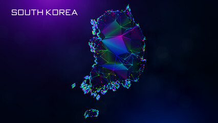 Wall Mural - Futuristic Sweet South Korea Map Polygonal Blue Purple Colorful Connected Lines Dots And Facet Wireframe Network With Text On Hazy Flare Bokeh Background