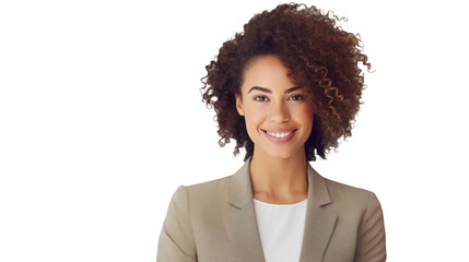 Wall Mural - African businesswoman smiling and looking at camera transparent background. Generative AI.