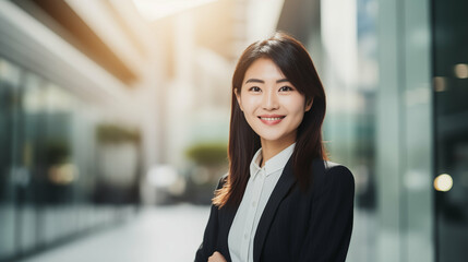 Wall Mural - Asian businesswoman smiling and looking at camera at street. Generative AI.