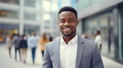 Wall Mural - African businessman smiling and looking at camera at street. Generative AI.