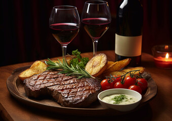 Wall Mural - Beef steak with wedges and tomatoes and glasses and bottle of red wine on wooden board.Macro.AI Generative.