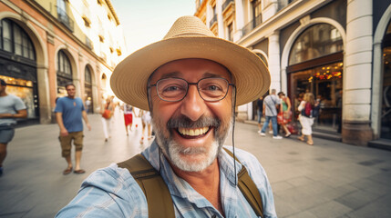 Happy Caucasian mature male tourist taking a selfie in a touristic place. Generative AI.