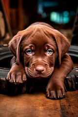 Wall Mural - A chocolate color dog labrador laying on the floor. Generative AI