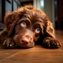 Wall Mural - A chocolate color dog labrador laying on the floor. Generative AI