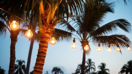 string of light bulb garlands hanging between two palm trees on a beach