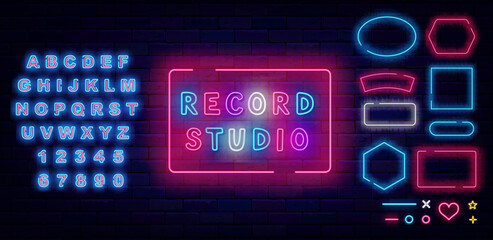 Wall Mural - Record studio neon sign. Music on air. Online streaming. Event design. Geometric frames collection. Vector illustration