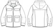 © Fathima Flats - Military Hooded jacket design flat sketch Illustration, cargo pocket Hoodei sweater jacket with front and back view, winter jacket for Men and women. for hiker, outerwear and workout in winter