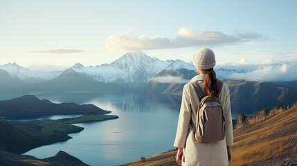 Wall Mural - back view of a woman looking into the landscape