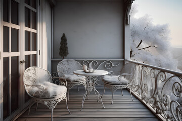 Cozy terrace with elegant white forged iron table and armchairs in winter