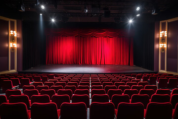 Theater view from inside the theater, lots of chairs near the stage. Generative AI