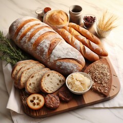 Wall Mural - A flat lay of a wooden cutting board with a variety of artisanal breads, including sourdough