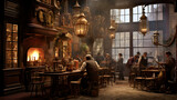 Fototapeta Londyn - Old English Bar with people drinking - Generative Ai