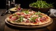 A gourmet pizza with unique toppings such as prosciutto, arugula, and shaved parmesan cheese