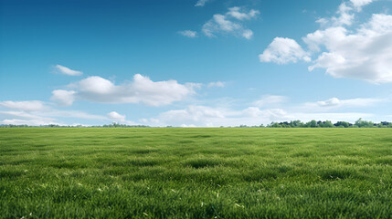 big field of green grass with cloudy blue sky - generative ai