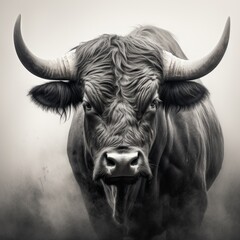 Poster - a black and white photo of a bull with horns