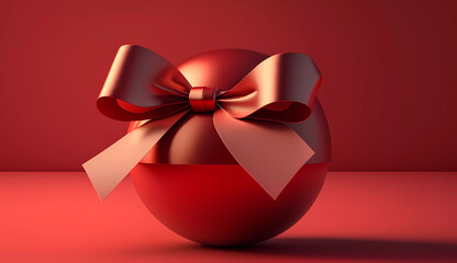 Wall Mural - A red christmas ball with a bow on top of it on a red background with a shadow and a shadow