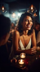 Wall Mural - young woman holding a cocktail glass and laughing with her friends at a table, upscale nightclub