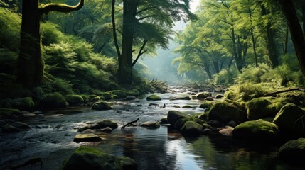 Sticker -  tranquil river flowing through the lush forest, with a variety of animals visible.