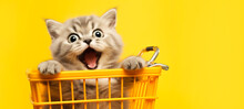 Cheerful Cat In A Supermarket Trolley On A Yellow Background.
