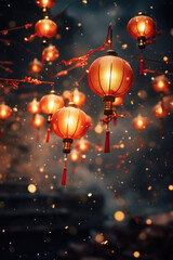 Chinese paper lanterns with light inside flying towards the sky vertically. Chinese New Year Celebration. Generative AI.