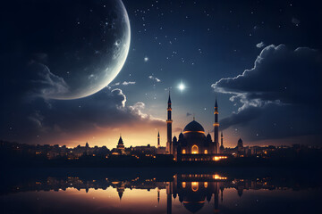 Wall Mural - Front view of a crescent shaped moon and mosque under a night sky during Ramadan,