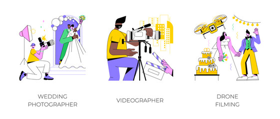 Poster - Freelance photographer isolated cartoon vector illustrations set. Self-employed man takes professional wedding photo, creative video making, filming event, drone videography business vector cartoon.