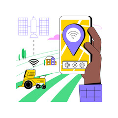 Aufkleber - Remote machine navigation isolated cartoon vector illustrations. Farmer with smartphone controls machine navigation, tractors and heavy ploughing equipment run automatically vector cartoon.