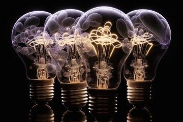 Sticker - Glowing light bulbs on dark background with incandescent lamp in the center