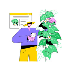 Poster - Crop diseases detection isolated cartoon vector illustrations. Farmer detects agriculture diseases using smartphone, agribusiness industry, smart farming, modern technology vector cartoon.