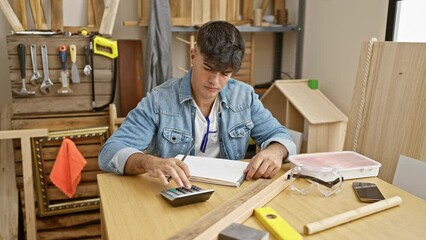 Canvas Print - Handsome young hispanic man, a professional carpenter, seriously engaged in his woodwork profession. drawing and calculating indoors at his carpentry workshop, surrounded by timber.