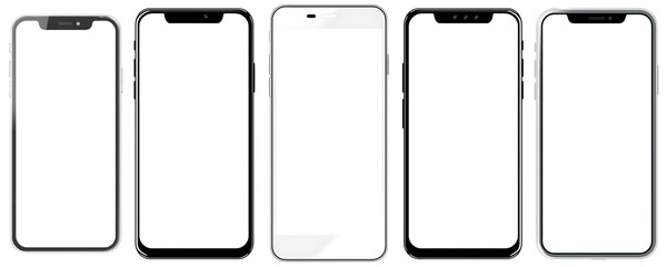 set of smartphone mock-ups with blank white screen isolated on transparent background - design element PNG cutout collection