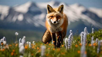 Wall Mural - Red Fox standing in Alpine Wildflower Meadow