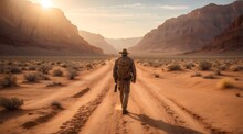 Man Adventurer With Backpack Walking On Dusty Path Trough Dessert, Adventure And Lifestyle Concept Background