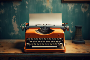 Poster - A vintage typewriter with a blank sheet of paper ready for words. Concept of creativity and writing. Generative Ai.